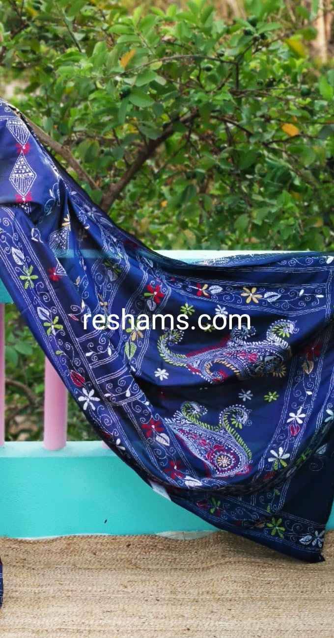 Hand Embroidered Kantha Stitch Blue Saree – Woven in Bangalore Silk