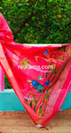 Linen Cotton Hand Paint Saree – Red Body with Tribal Paining and Golden Zari Border