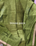 Linen Cotton Hand Paint Saree – Greenish Body with Golden Zari Border