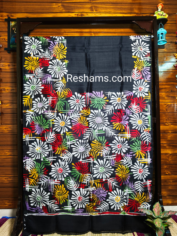 Pure Murshidabad Silk Saree – Hand Batik in Black and White Flower Pattern