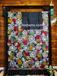 Pure Murshidabad Silk Saree – Hand Batik in Black and White Flower Pattern