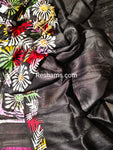 Pure Murshidabad Silk Saree – Hand Batik in Black and White Flower Pattern