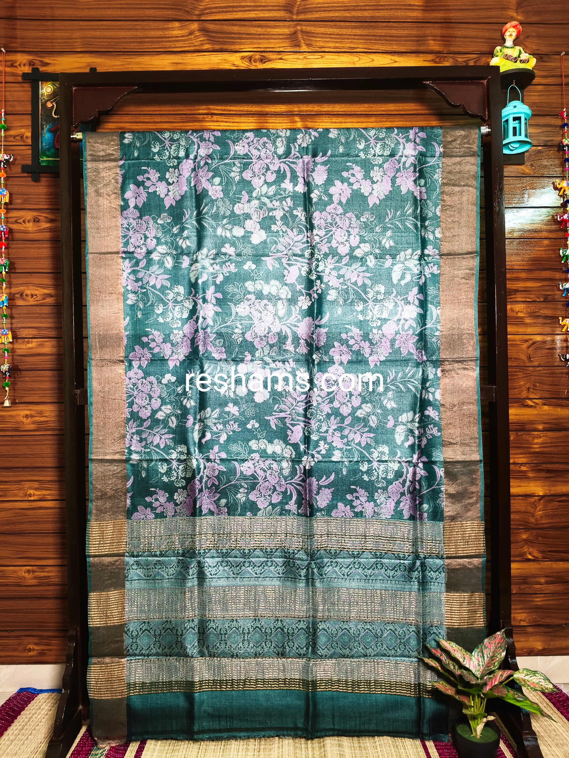 Pure Tussar Silk Saree – Printed with Green and Golden Zari Border