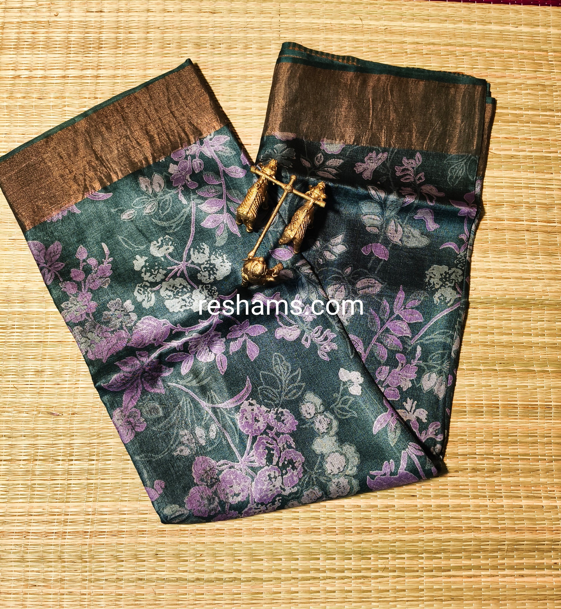 Pure Tussar Silk Saree – Printed with Green and Golden Zari Border