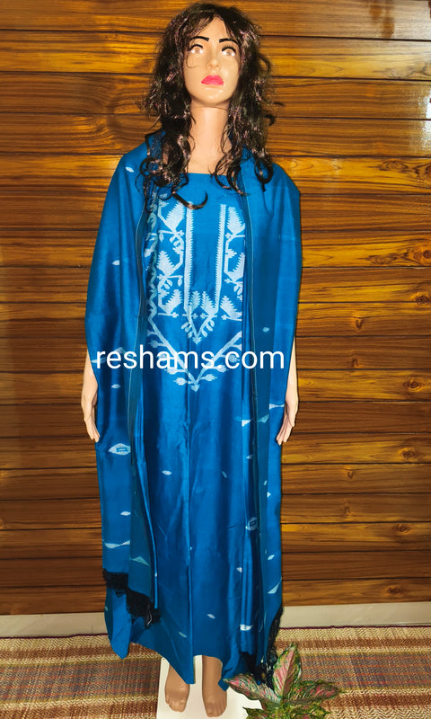 Pure Cotton Jamdani work Handwoven unstitched suit in Blue
