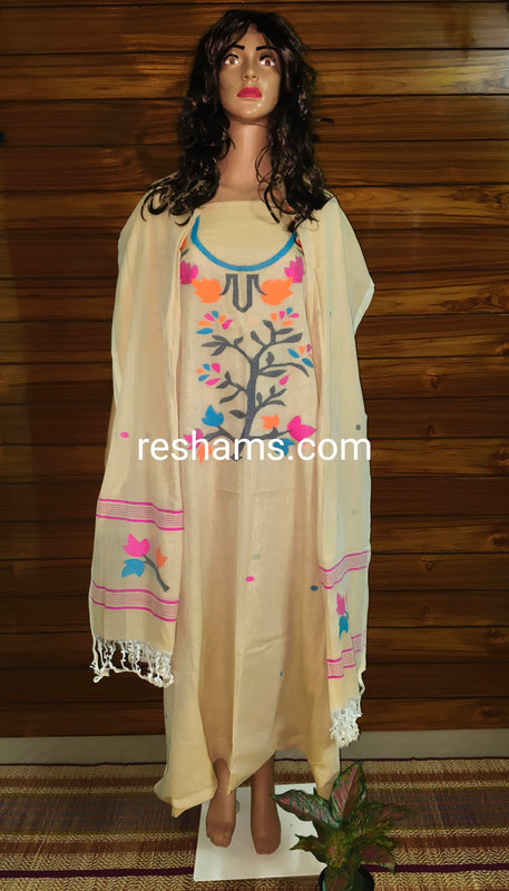 Pure Cotton Jamdani work Handwoven unstitched suit in Light Yellow