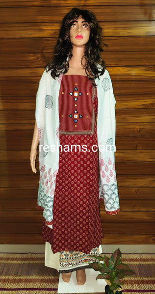 Cotton Ajrakh salwar with embroidery work in Red