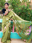 Linen Cotton Hand Paint Saree – Greenish Body with Golden Zari Border