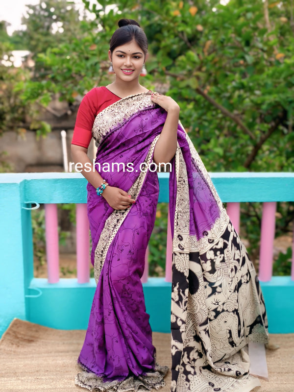 Chanderi Silk-Cotton Saree in Kalamkari Prints  – Purple