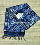 Liva Batik Print Linen Saree – Blue Body with Golden Zari Border