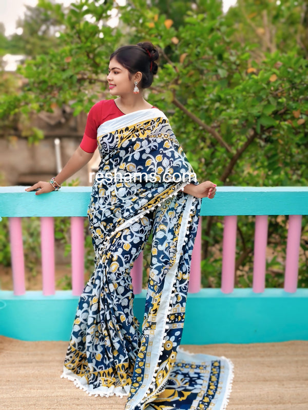 Mul Cotton with PomPom Lace – Blue White