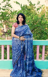 Liva Batik Print Linen Saree – Blue Body with Golden Zari Border