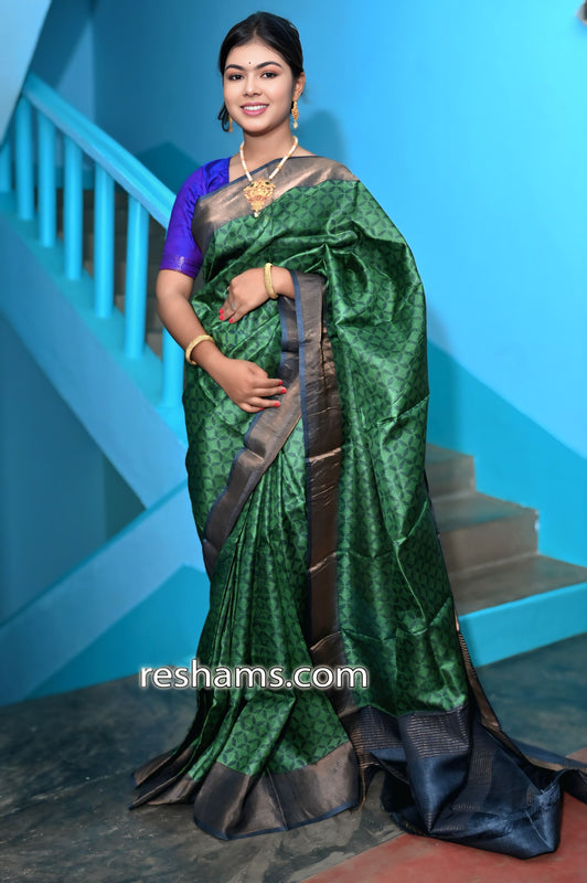 Tussar Block Print Silk Saree in Green Colour - Handwoven