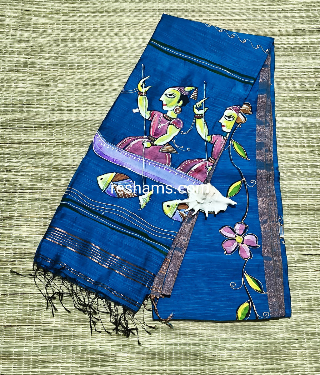 Linen Cotton Hand Paint Saree – Sky Blue Body with Tribal Hand painting and Golden Zari Border