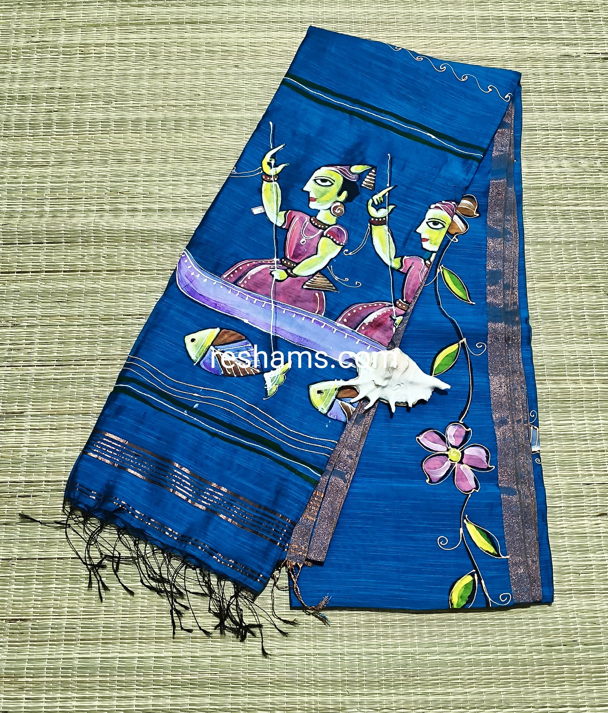 Linen Cotton Hand Paint Saree – Sky Blue Body with Tribal Hand painting and Golden Zari Border