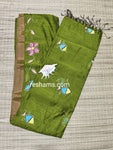Linen Cotton Hand Paint Saree – Greenish Body with Golden Zari Border