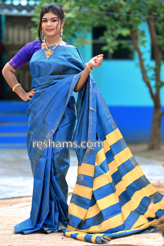 Bishnupuri Katan Silk Saree in Sapphire Blue - Mangalgiri Pattern Handwoven
