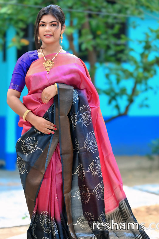 Tussar Block Print Silk Saree in Red Colour - Handwoven