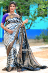 Tussar Shibori Print Silk Saree in Whitish Brown Colour - Handwoven