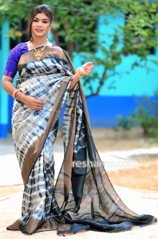 Tussar Shibori Print Silk Saree in Whitish Brown Colour - Handwoven
