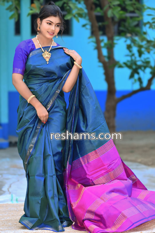 Bishnupuri Katan Silk Saree in Blue - Mangalgiri Pattern Handwoven