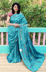 Hand Embroidered Kantha Stitch Light Blue Saree – Woven in Bangalore Silk