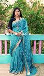 Linen Cotton Hand Paint Saree – Sky Blue Body with Golden Zari Border