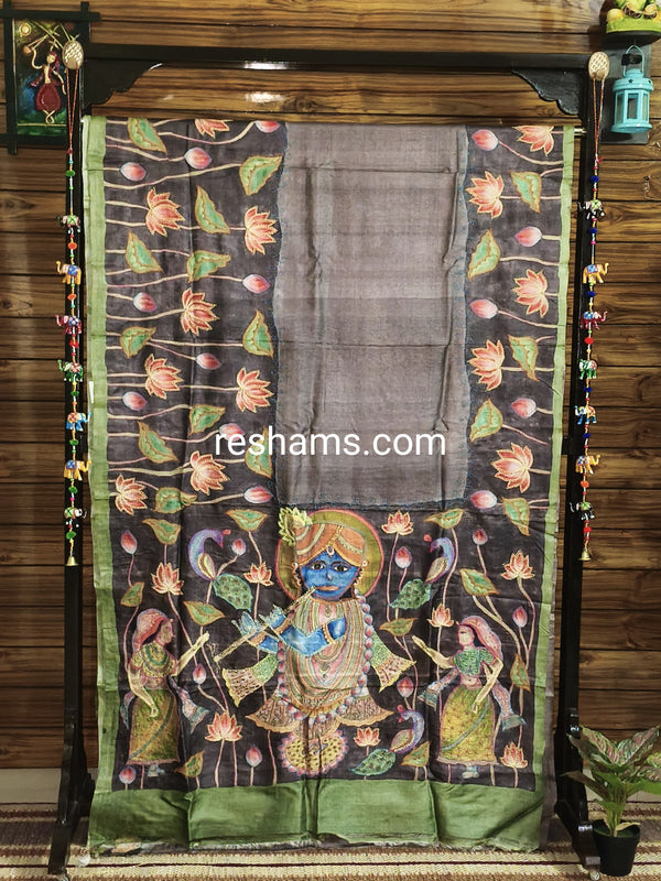 Hand Embroidered Hand Painted Kantha Stitch Mixed Saree – Woven in Pure Tussar Silk