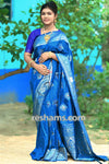 Royal Blue Silk Saree in Flower Print  – with Silver Zari Border