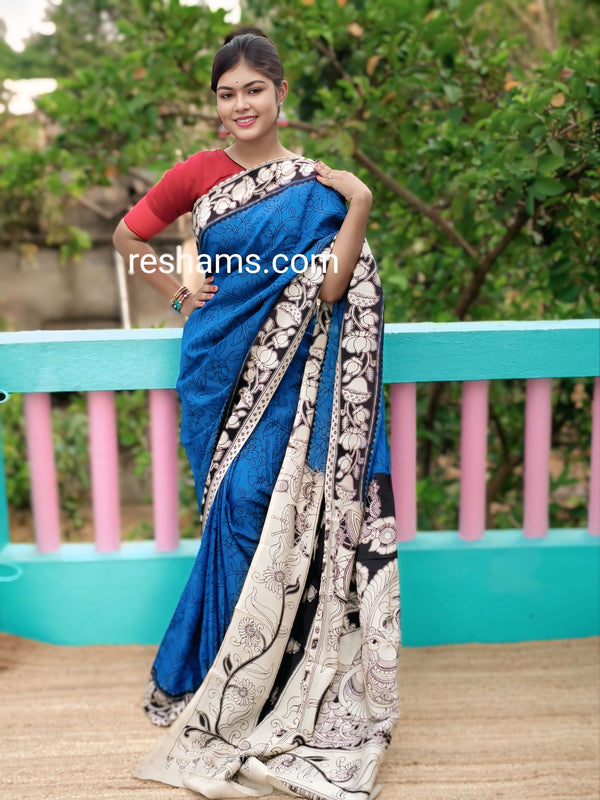 Chanderi Silk-Cotton Saree in Kalamkari Prints  – Dark Blue