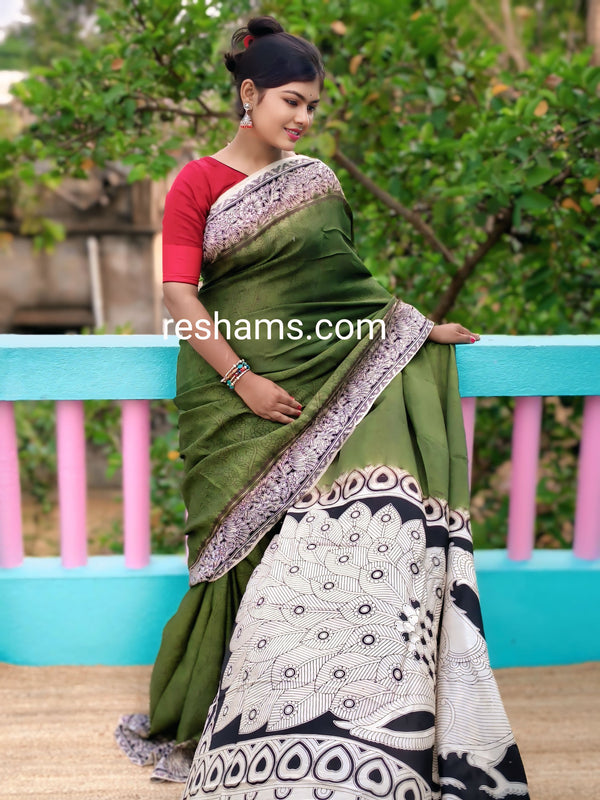Chanderi Silk-Cotton Saree in Kalamkari Prints  – Green