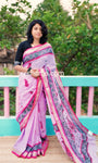 Linen Cotton Saree – Light Purple Body with Floral Print & Golden Zari Woven Border