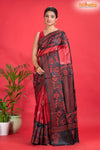 Tussar Kantha Stitch With Black Red Hand Paint Flower Motif