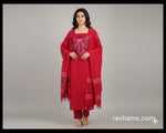 Pure Cotton Jamdani work Handwoven unstitched suit in Red